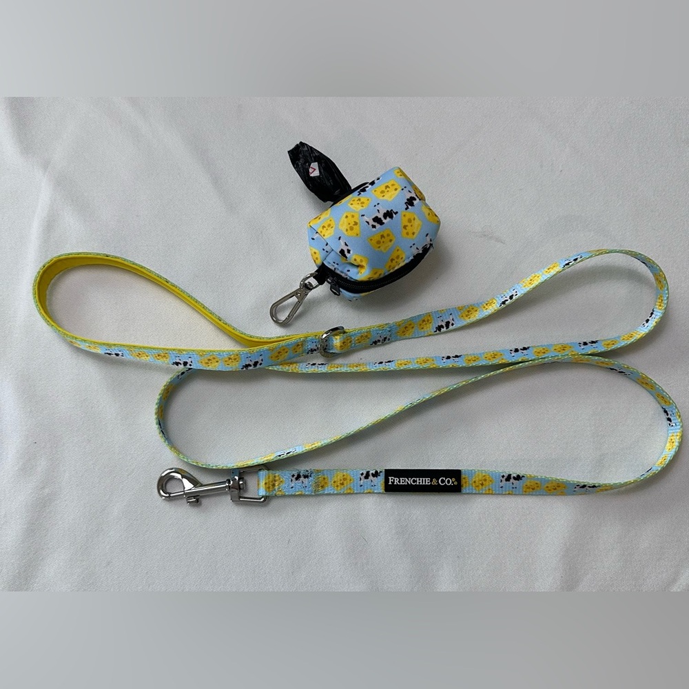 Frenchi Blue and Yellow Cheese & Cow Print Dog Leash with Waste Bag Holder